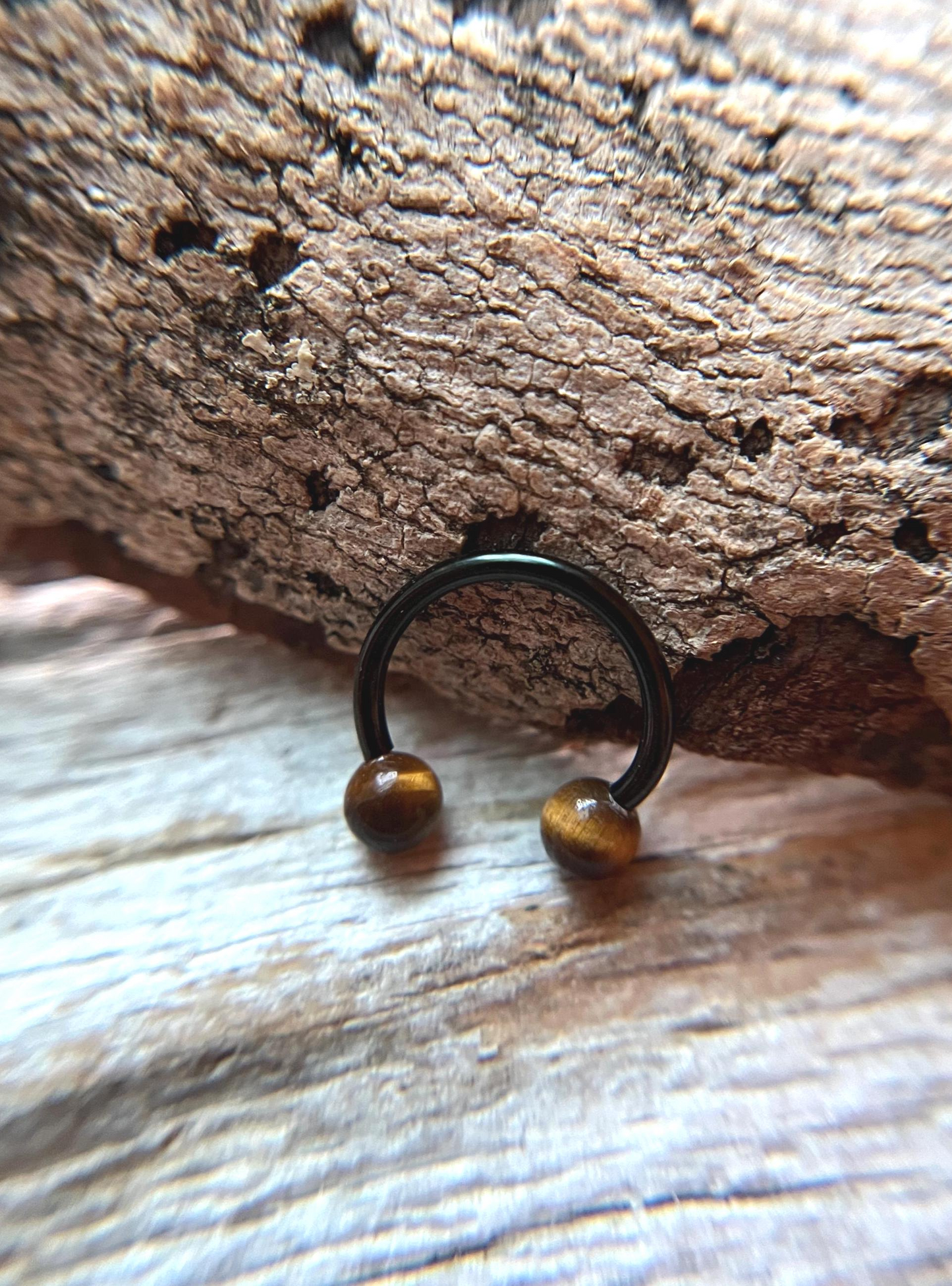 Yellow Tiger's Eye Natural Stone Black Titanium Ion Plated Horseshoe Ring