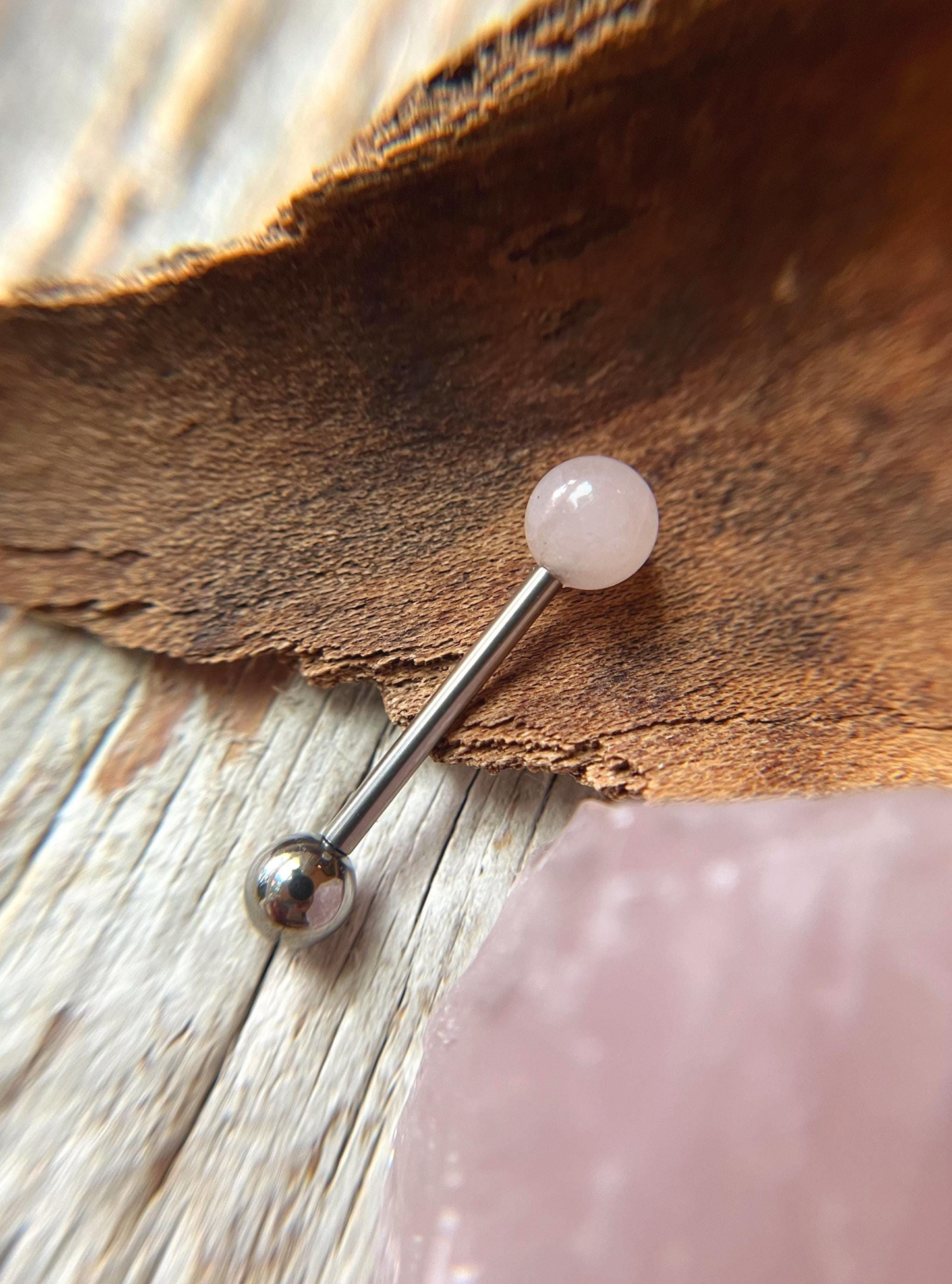 Rose Quartz Natural Stone Internally Threaded Titanium Tongue Piercing Barbell