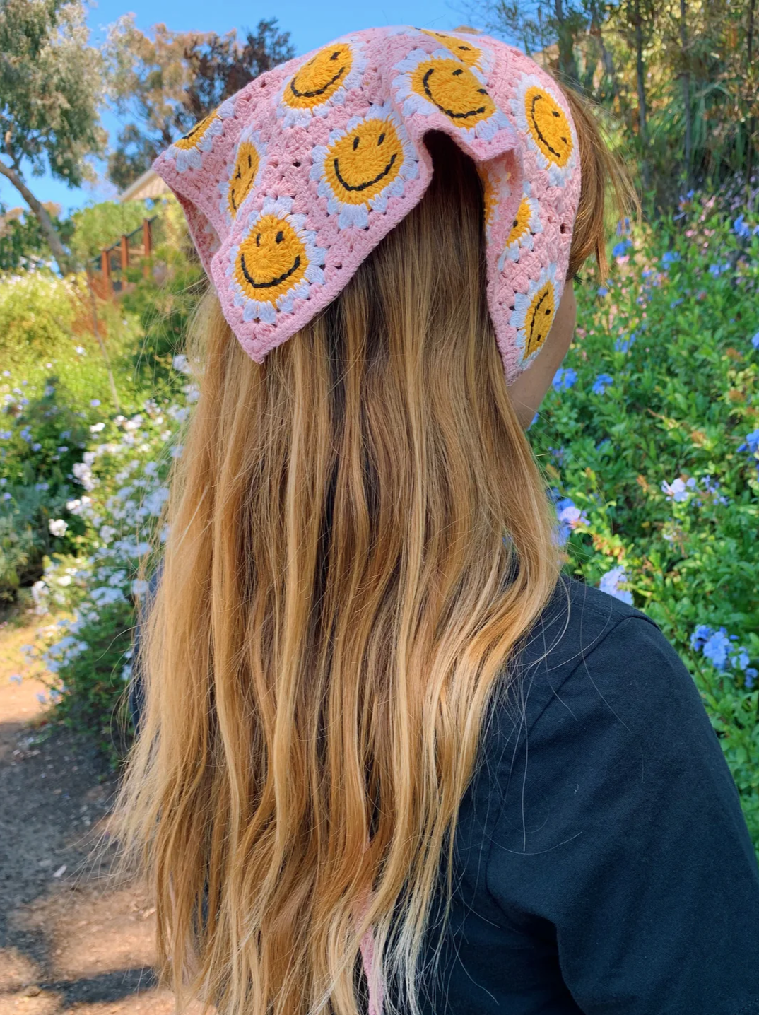 Retro Pink Smiley Face Crochet Hair Bandana