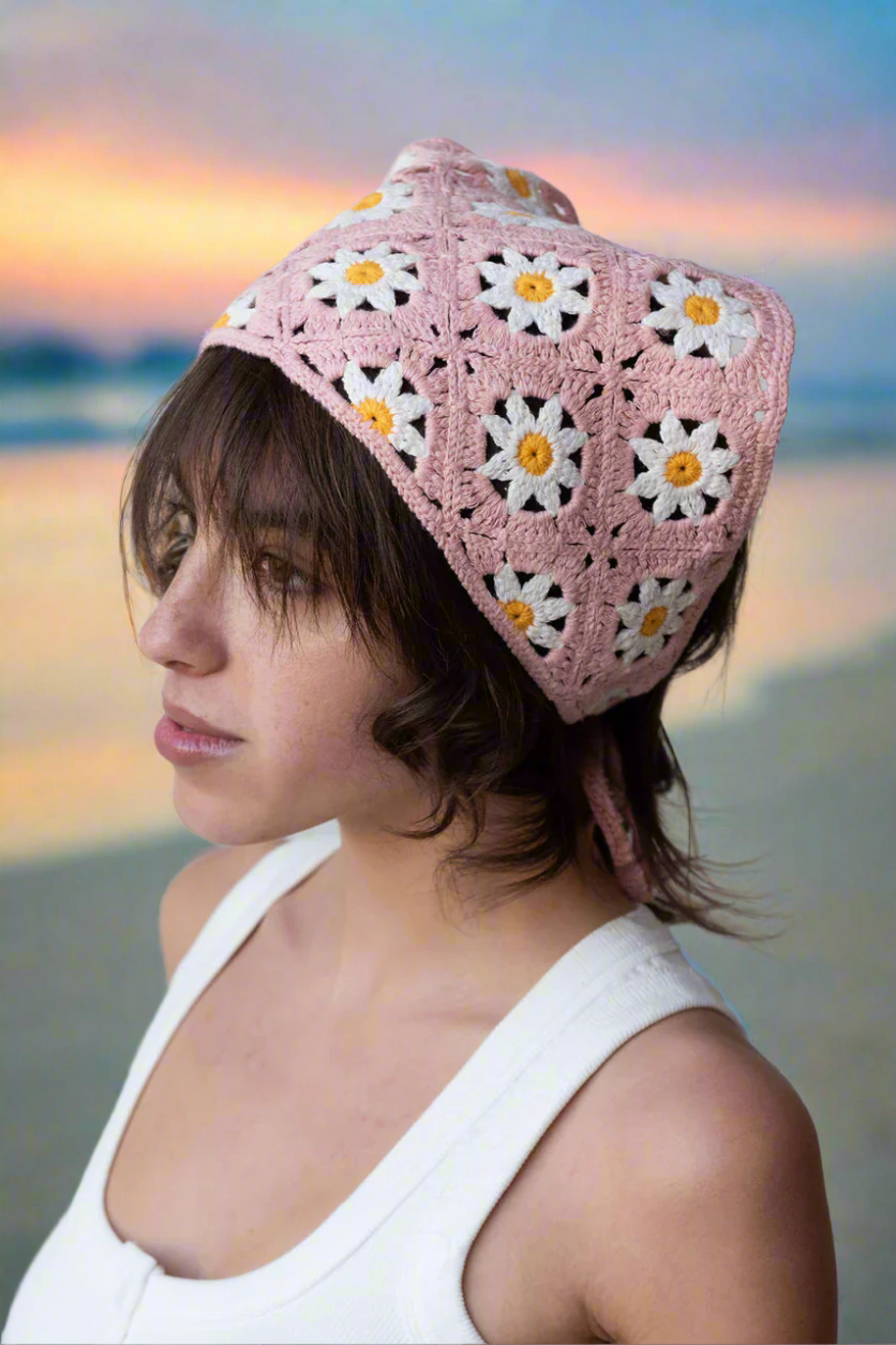 Vintage Style Pink Daisy Crochet Hair Bandana