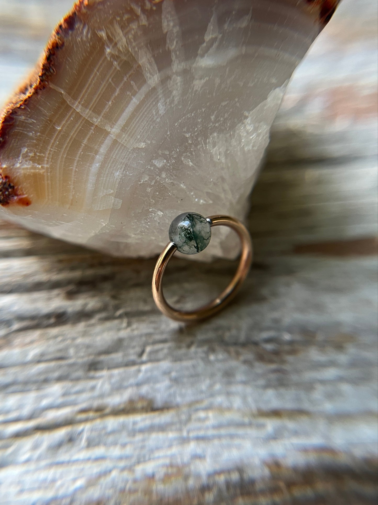 Moss Agate Natural Stone Rose Gold Titanium Ion Plated CBR Ring