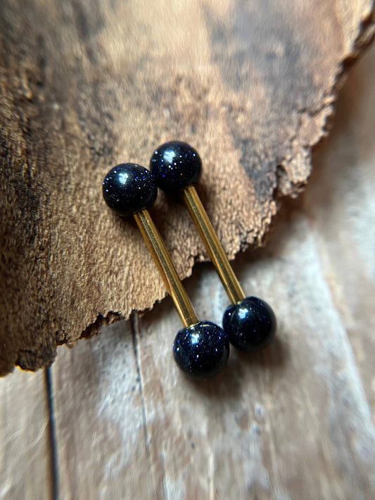 Galaxy Blue Goldstone Gold Titanium Ion Plated Tongue Nipple Barbell
