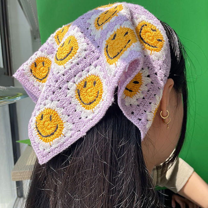 Retro Lilac Smiley Face Crochet Hair Bandana