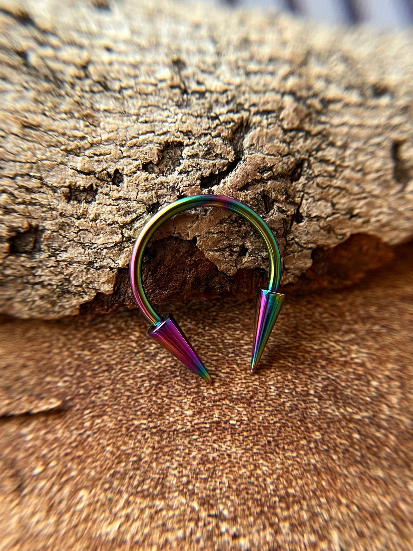 Rainbow Titanium Ion Plated Slender Long Spikes 16G Horseshoe Ring