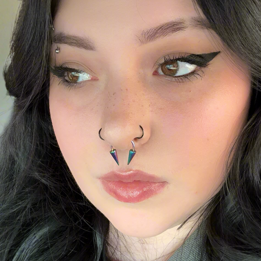 Rainbow Titanium Ion Plated Long Spikes 16G Horseshoe Ring