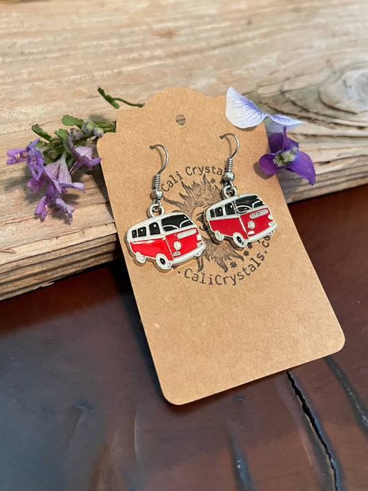 Retro Red VW Bus Silver Tone Earrings