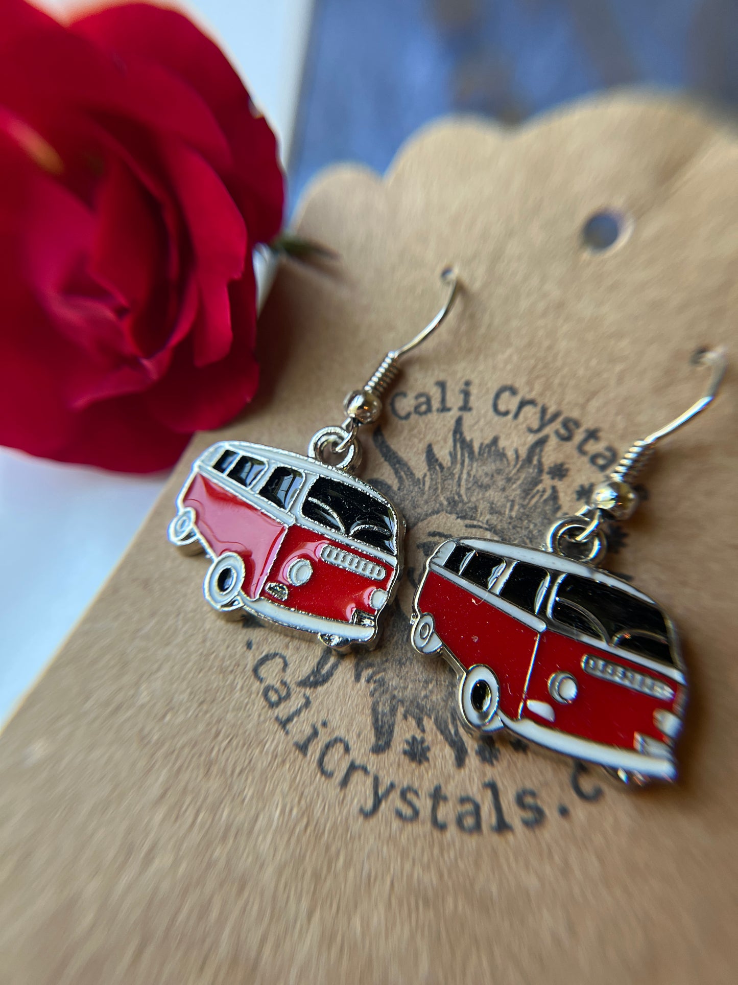 Retro Red VW Bus Silver Tone Earrings
