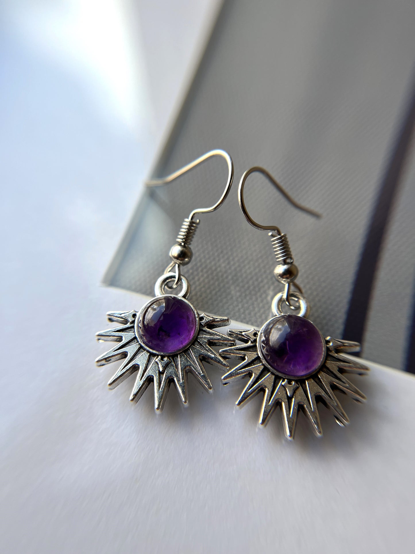 Amethyst Natural Stone Aztec Sun Earrings