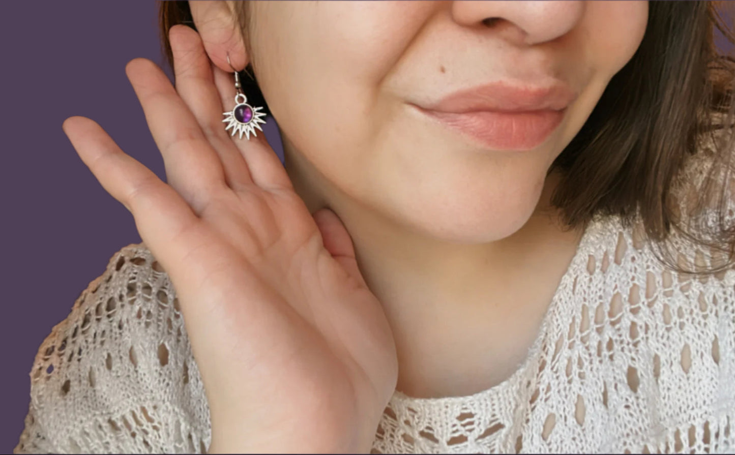 Amethyst Natural Stone Aztec Sun Earrings