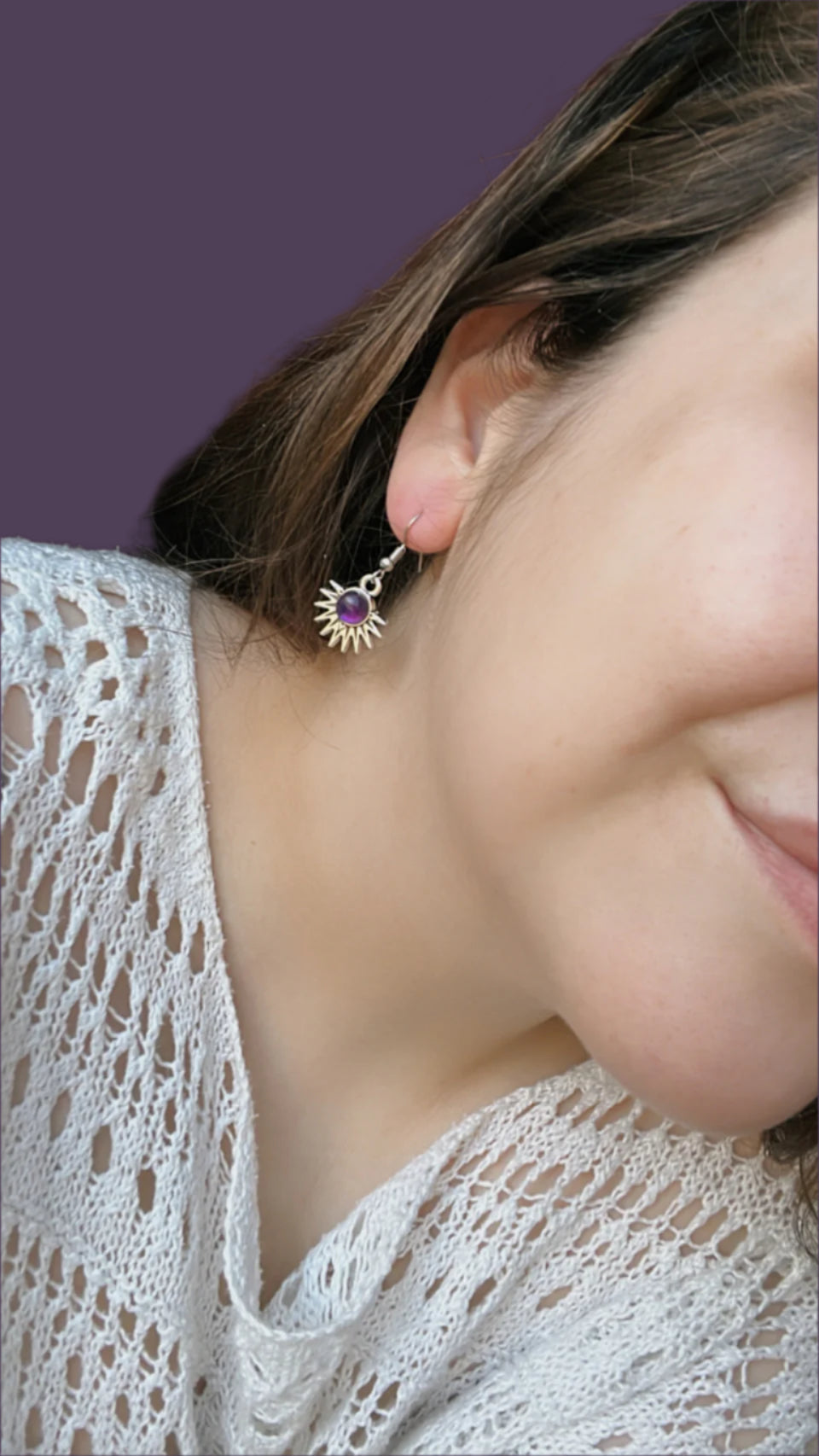 Amethyst Natural Stone Aztec Sun Earrings