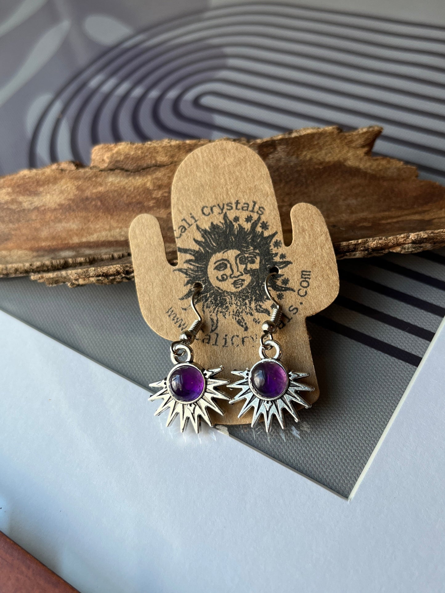 Amethyst Natural Stone Aztec Sun Earrings
