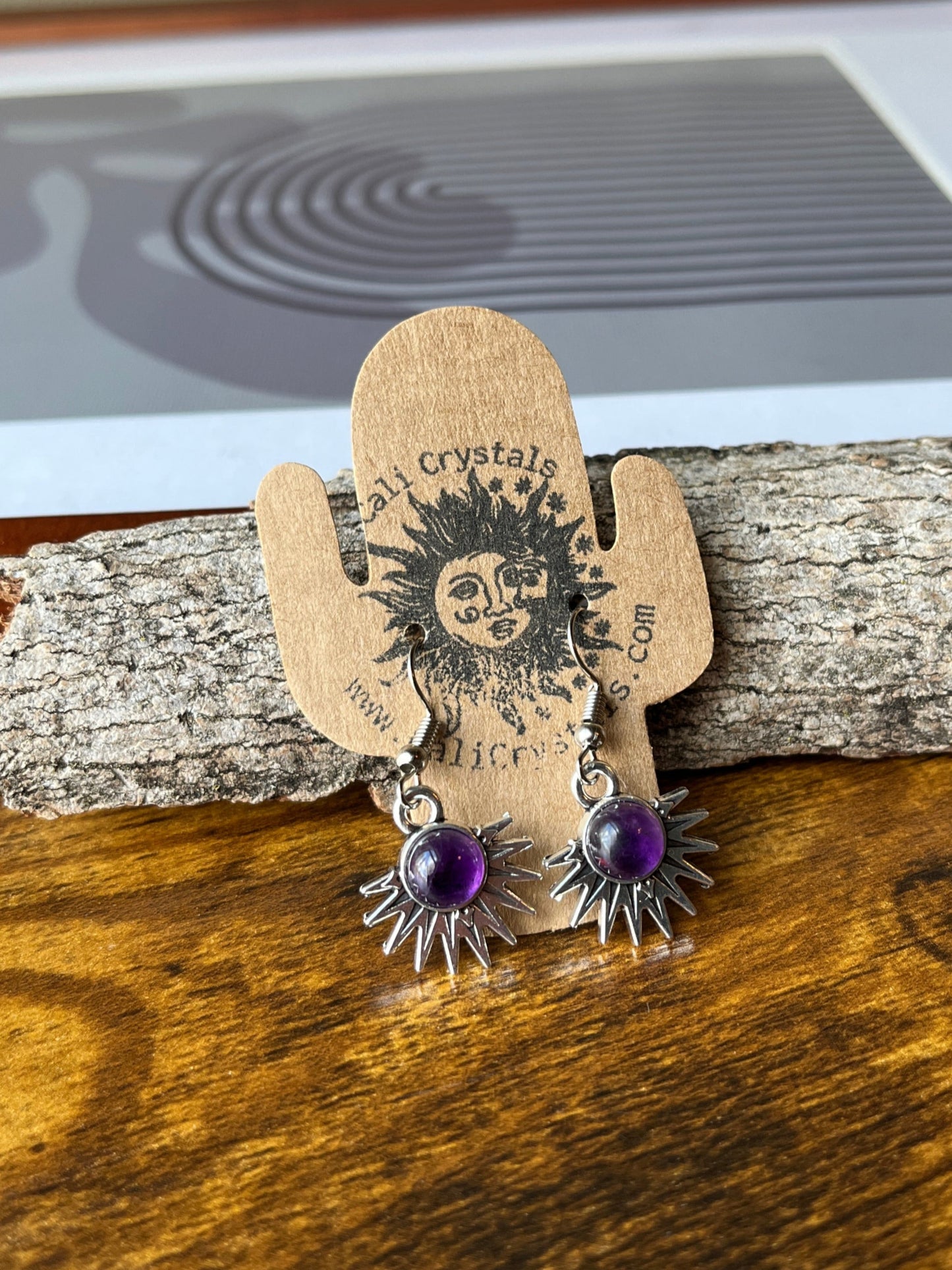 Amethyst Natural Stone Aztec Sun Earrings