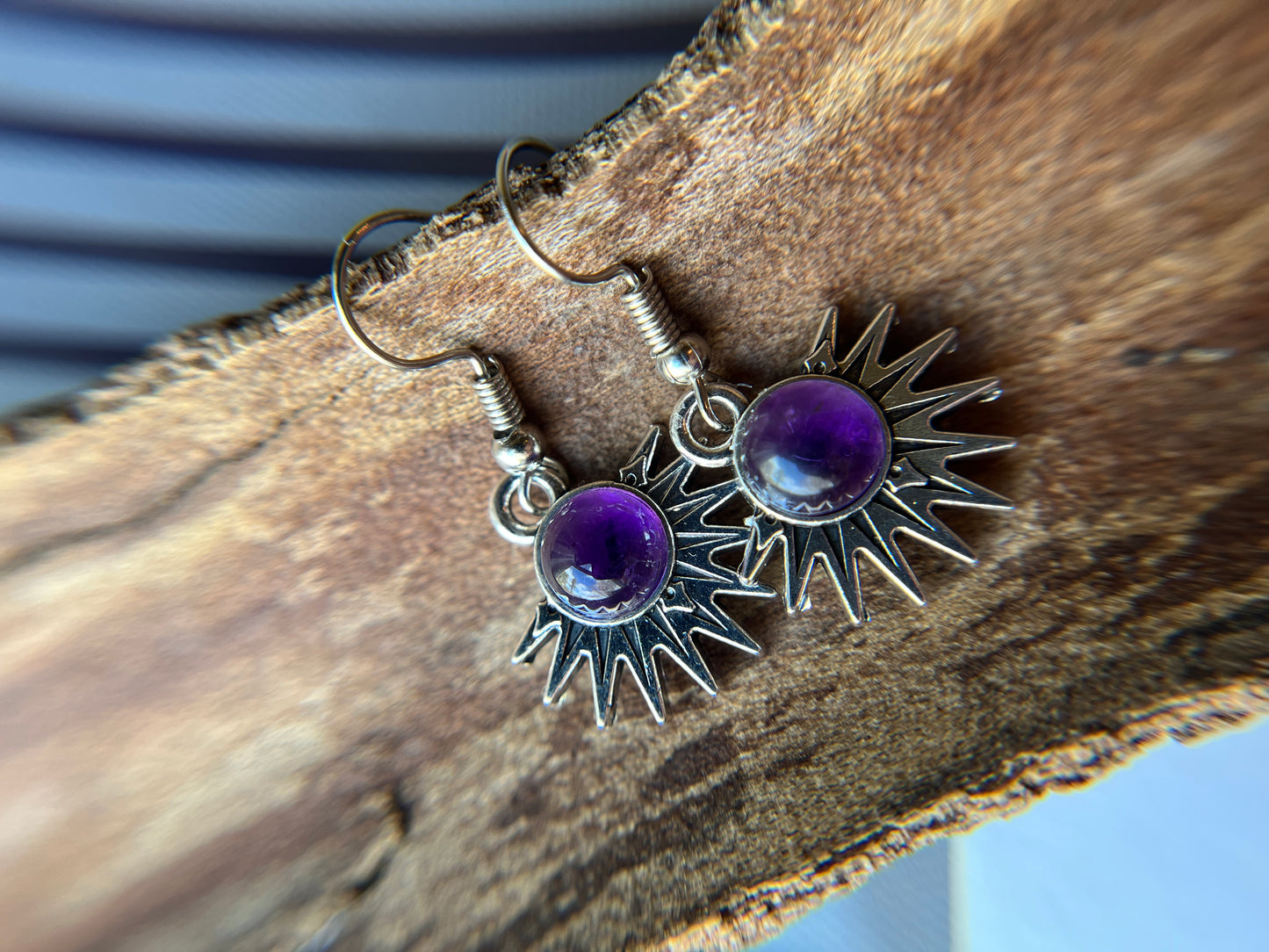 Amethyst Natural Stone Aztec Sun Earrings