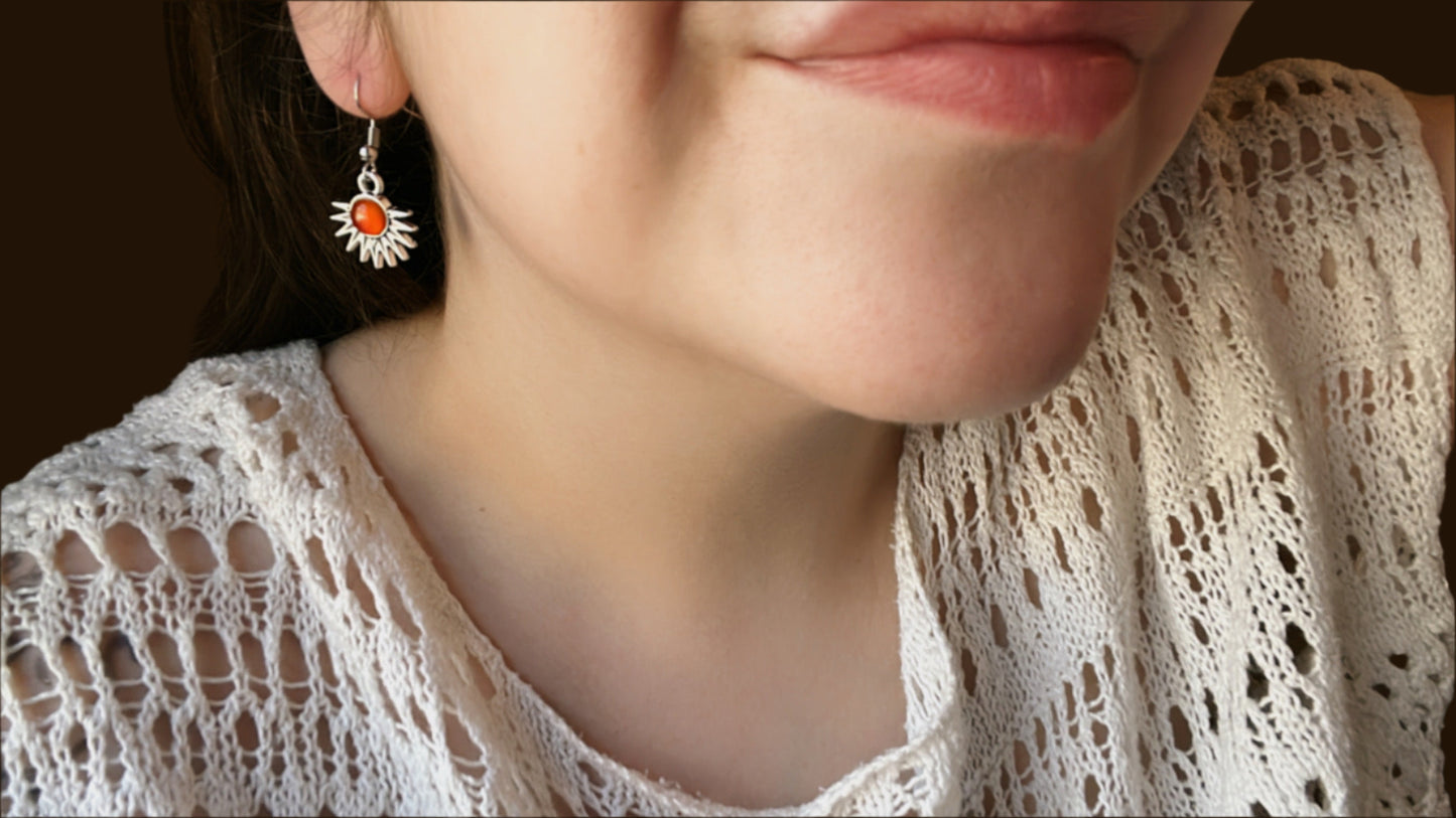 Carnelian Natural Stone Aztec Sun Earrings