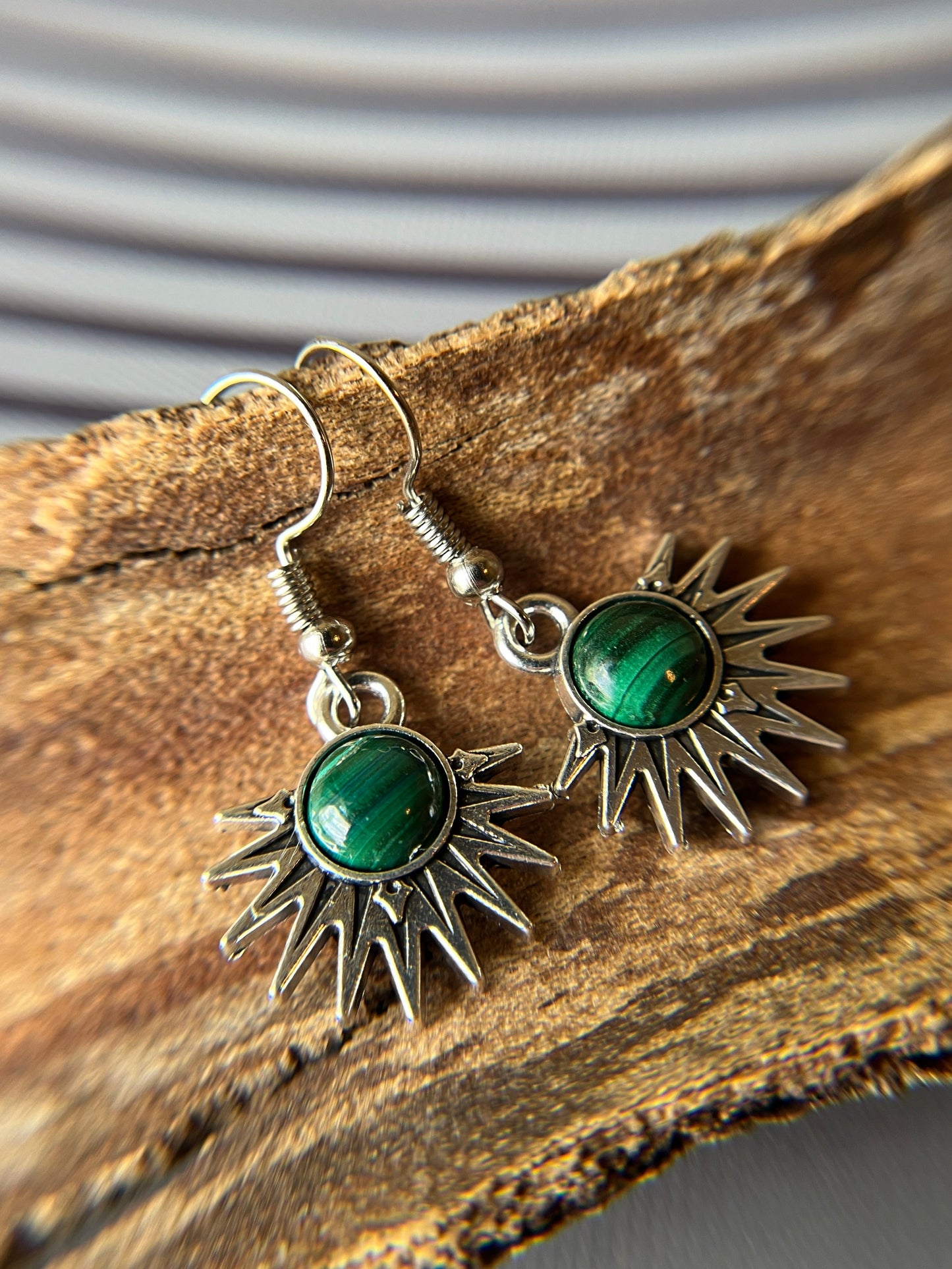 Malachite Natural Stone Aztec Sun Earrings