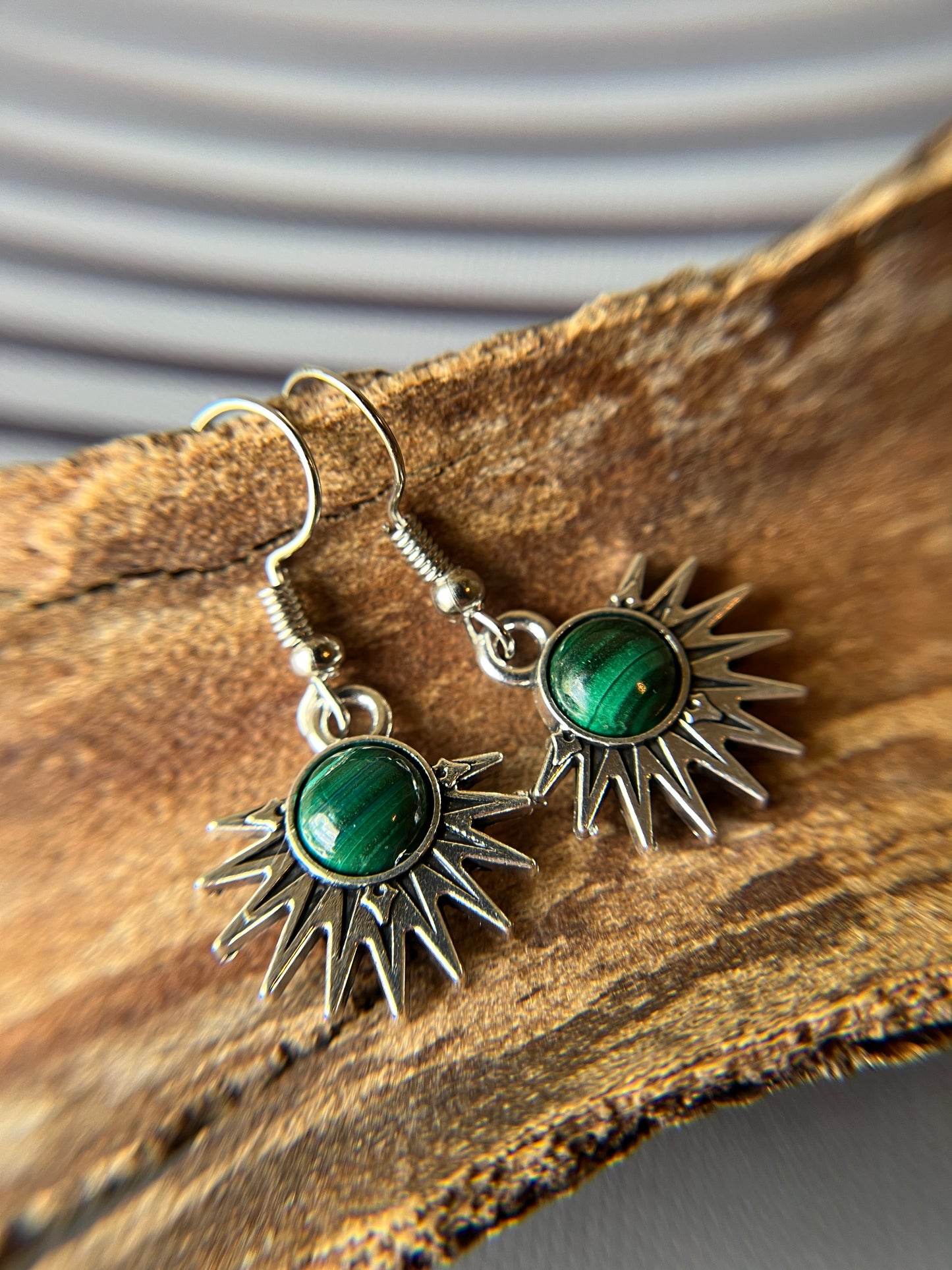 Malachite Natural Stone Aztec Sun Earrings