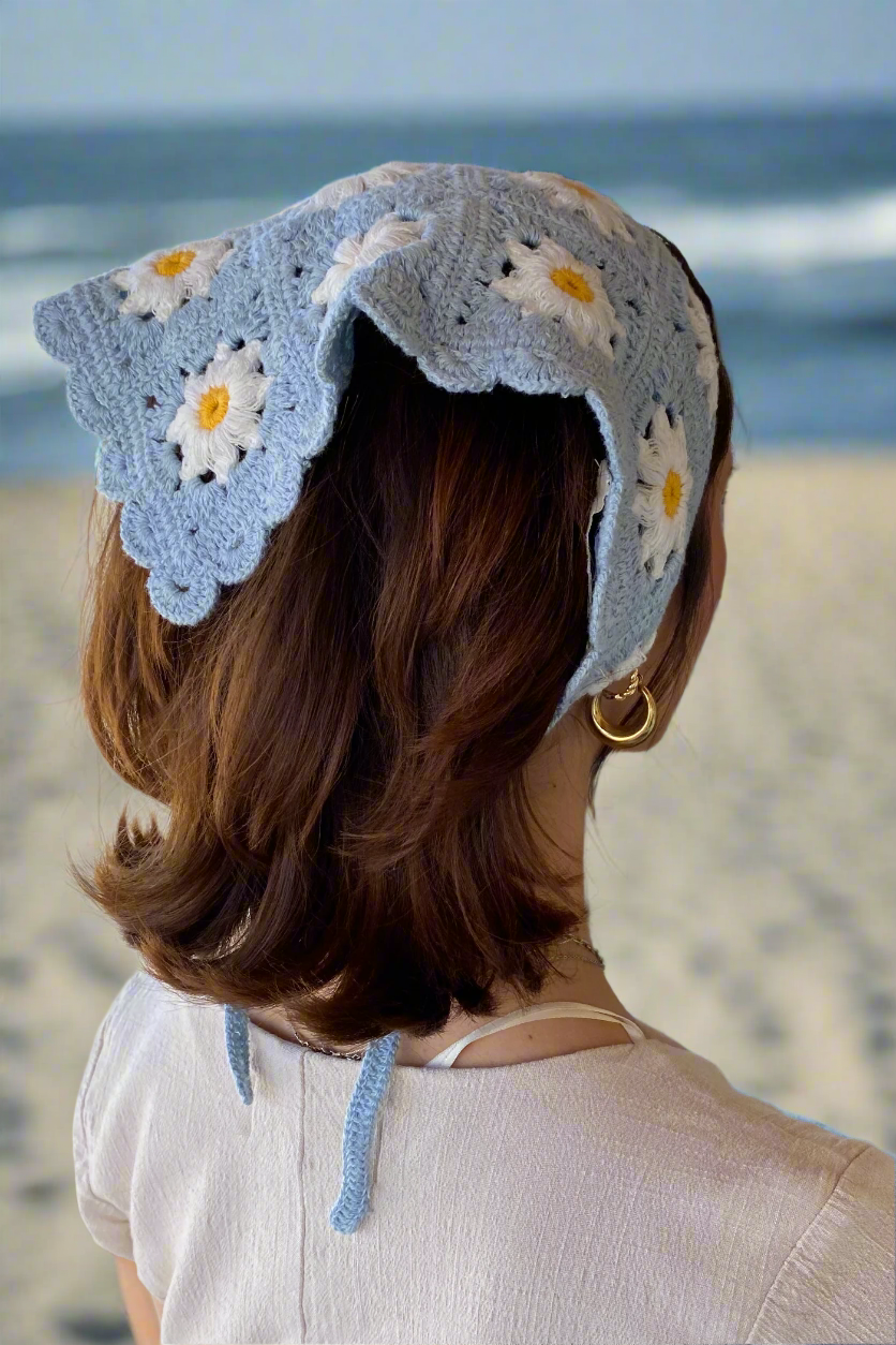 Vintage Style Dusty Blue Daisy Crochet Hair Bandana
