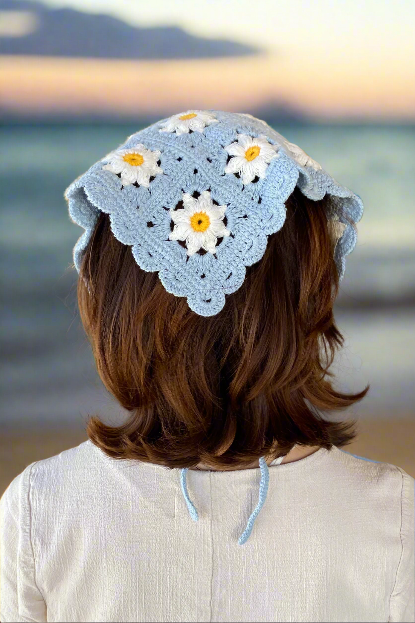Vintage Style Dusty Blue Daisy Crochet Hair Bandana