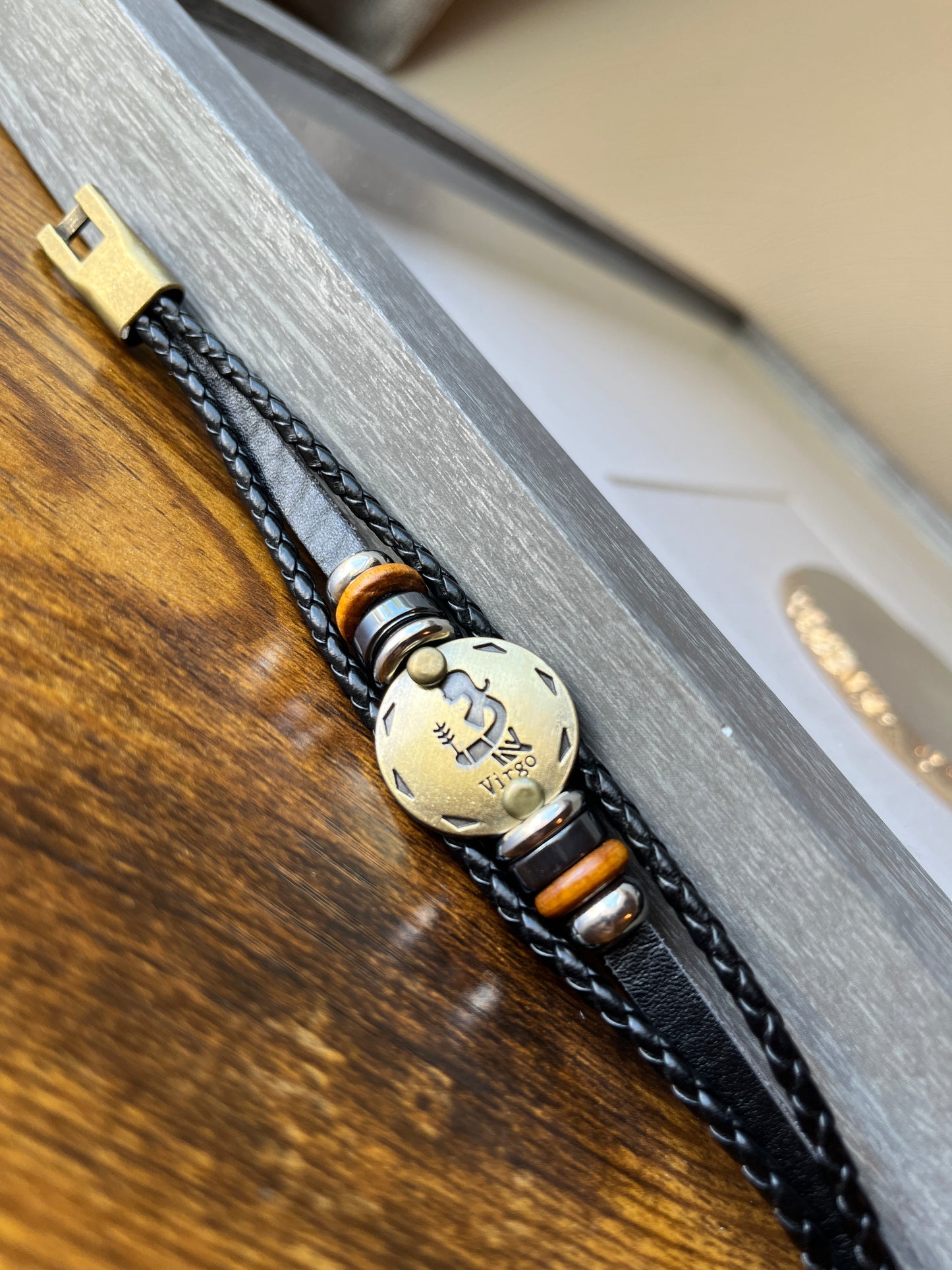 Leather and Brass Adjustable Zodiac Sign Bracelet