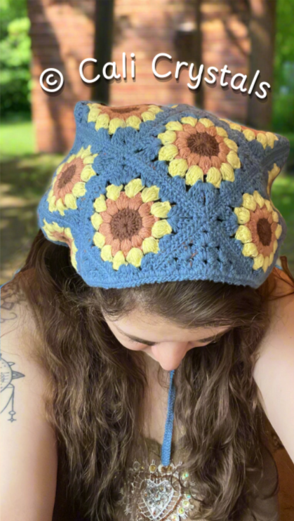 Retro Denim Blue Sunflower Crochet Headscarf