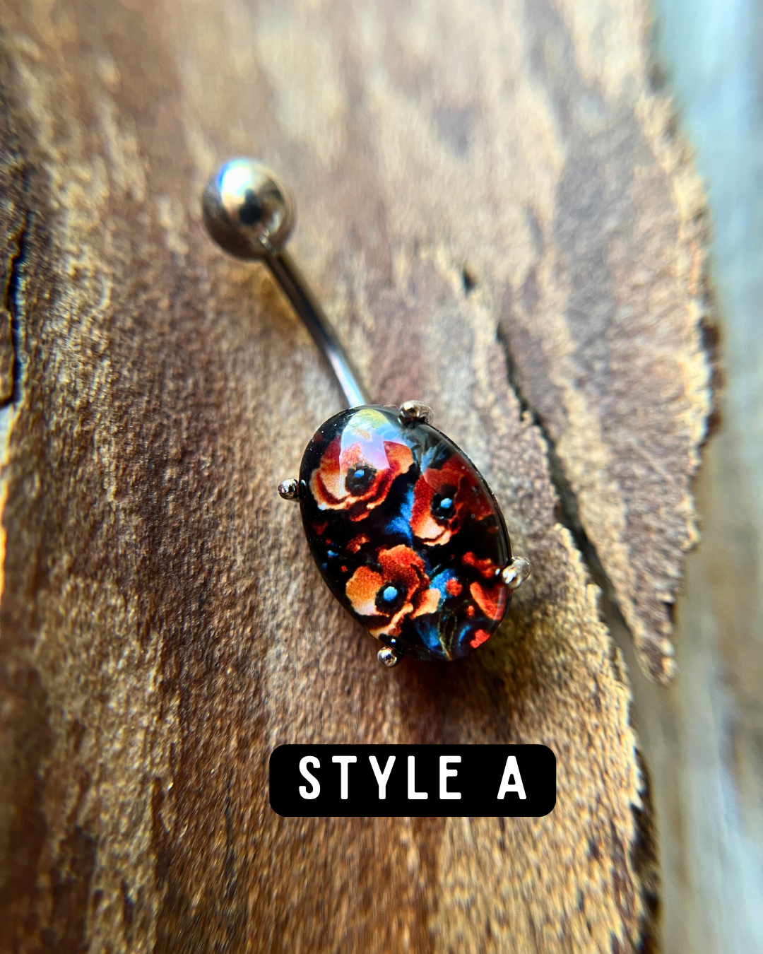 Floral Glass Cabochon Pronged Oval Belly Ring 316L Surgical Steel {Roses}