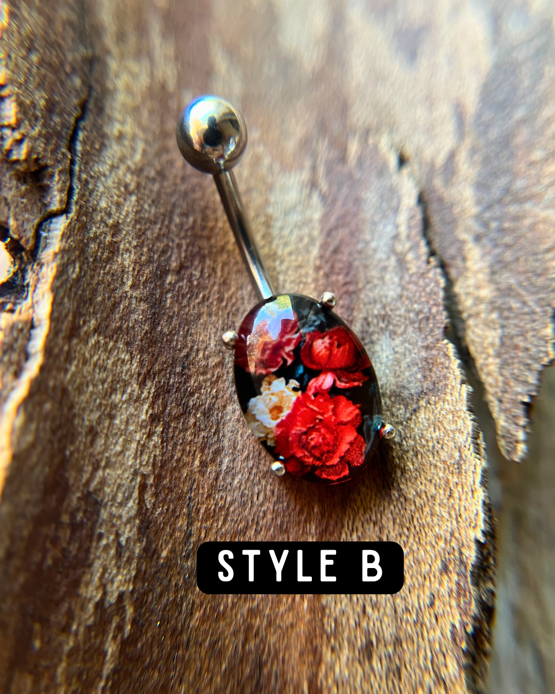 Floral Glass Cabochon Pronged Oval Belly Ring 316L Surgical Steel {Roses}