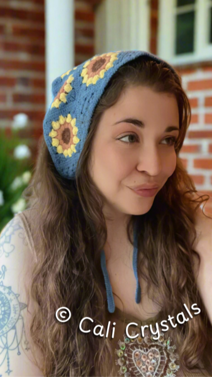 Retro Denim Blue Sunflower Crochet Headscarf