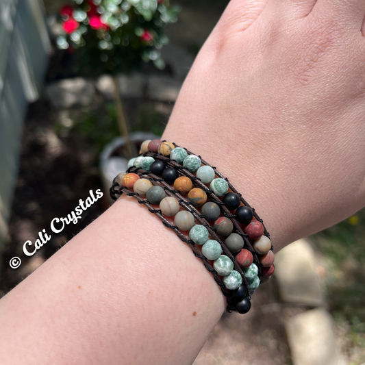 Matte Natural Stone and Leather Bracelet or Anklet Wrap