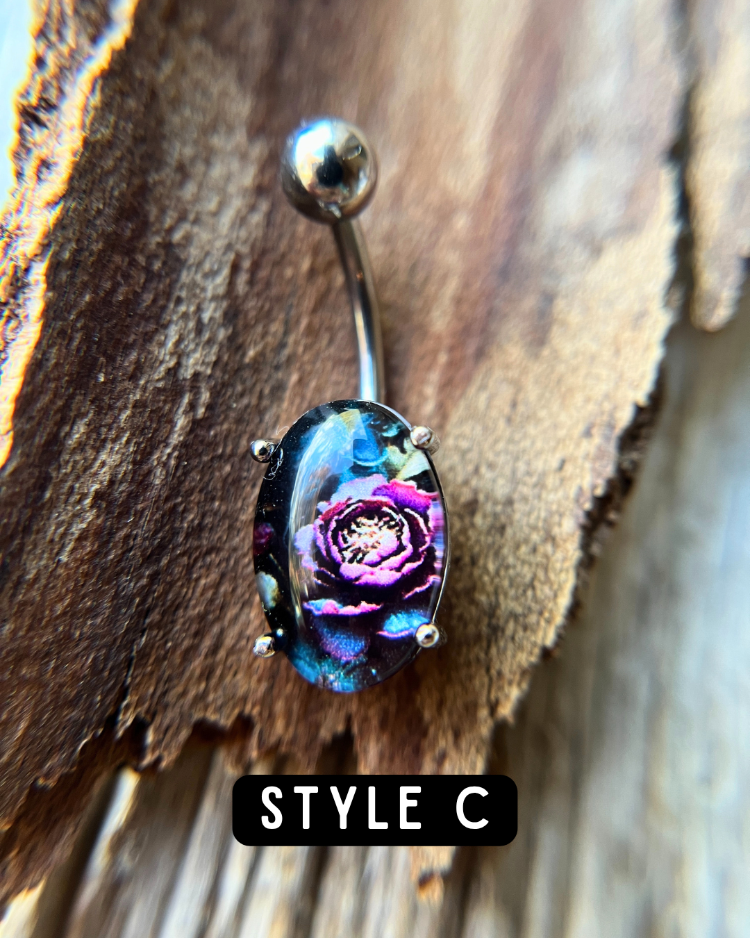 Floral Glass Cabochon Pronged Oval Belly Ring 316L Surgical Steel {Roses}