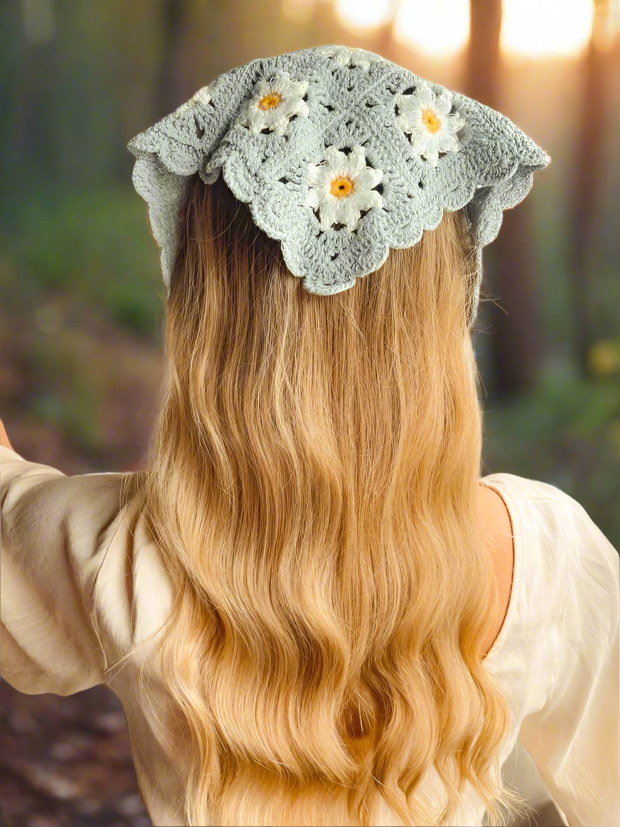 Vintage Style Dusty Blue Daisy Crochet Headscarf