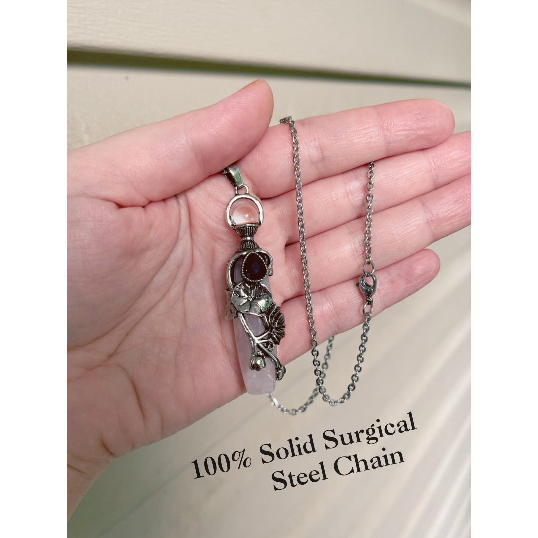 Lotus Flower & Lily Pad Faceted Natural Stone Pendant Necklace