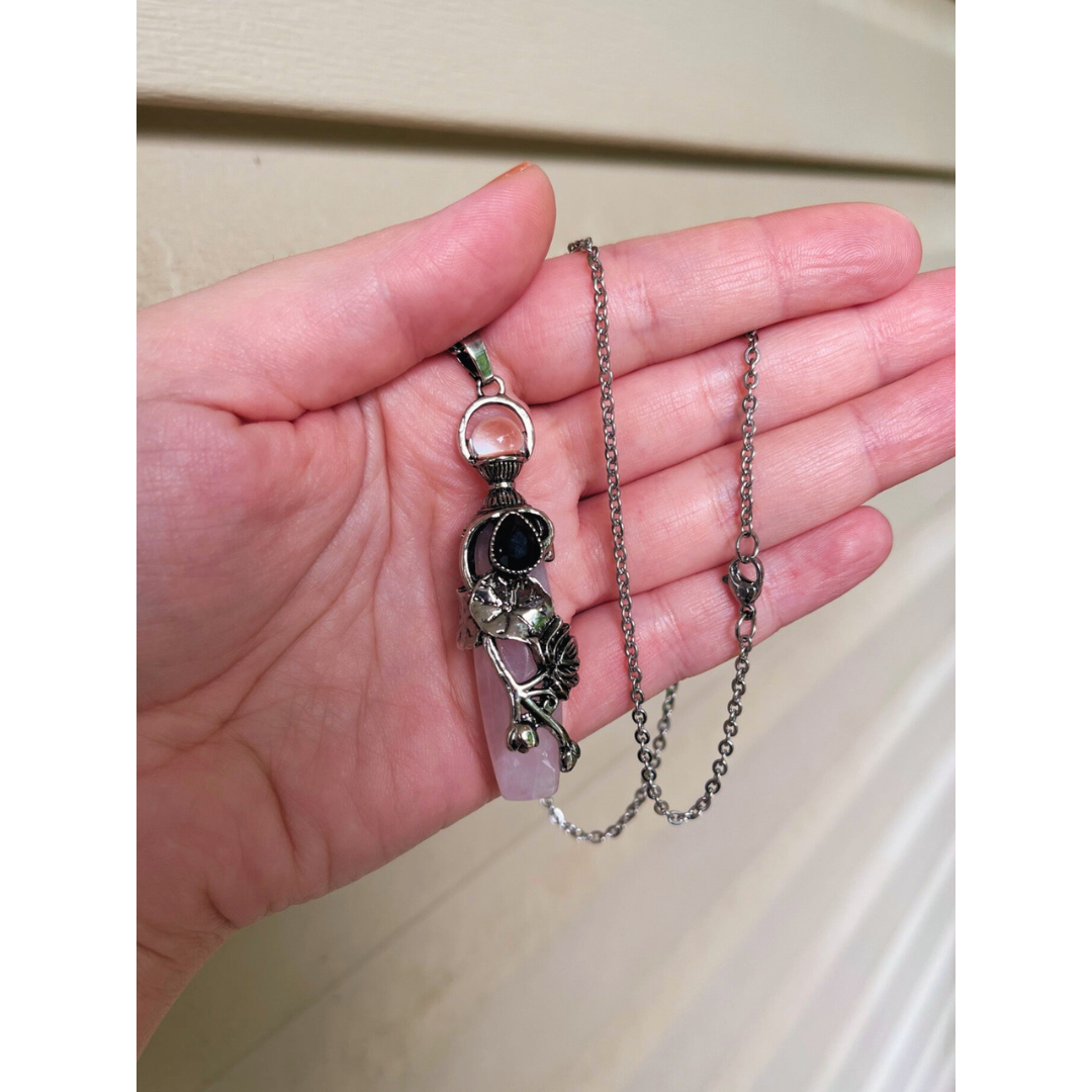 Lotus Flower & Lily Pad Faceted Natural Stone Pendant Necklace