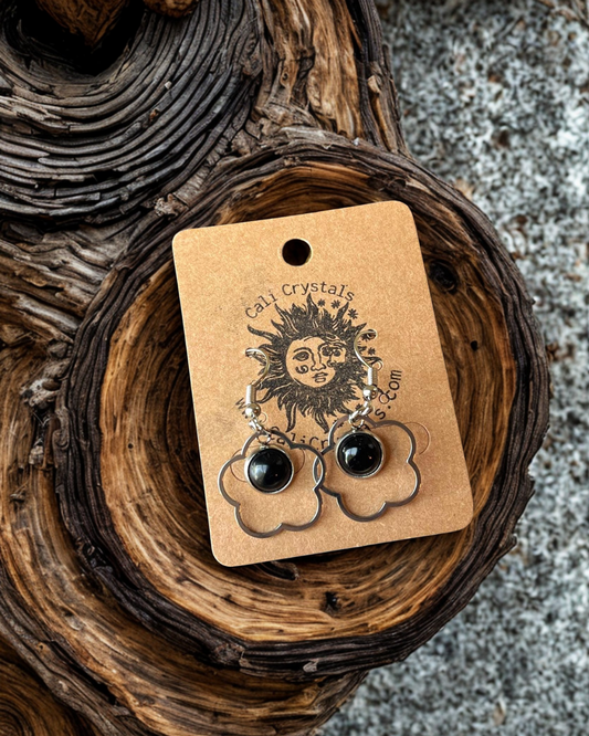 Black Obsidian Natural Volcanic Glass 90's Vibes Flower Earrings
