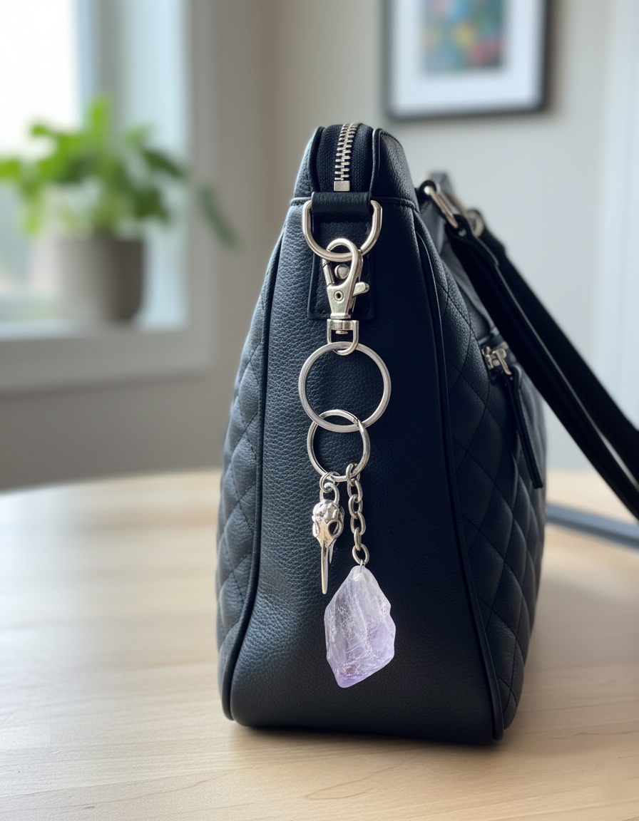 Raw Crystal Natural Amethyst Stone Specimen Stainless Steel Keychain {Raven Skull}
