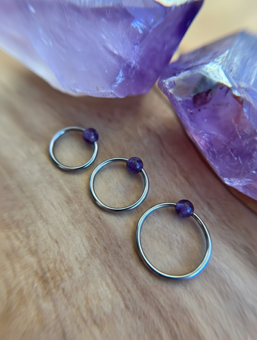 Amethyst Natural Stone ASTM F-136 Implant Grade Titanium CBR Ring