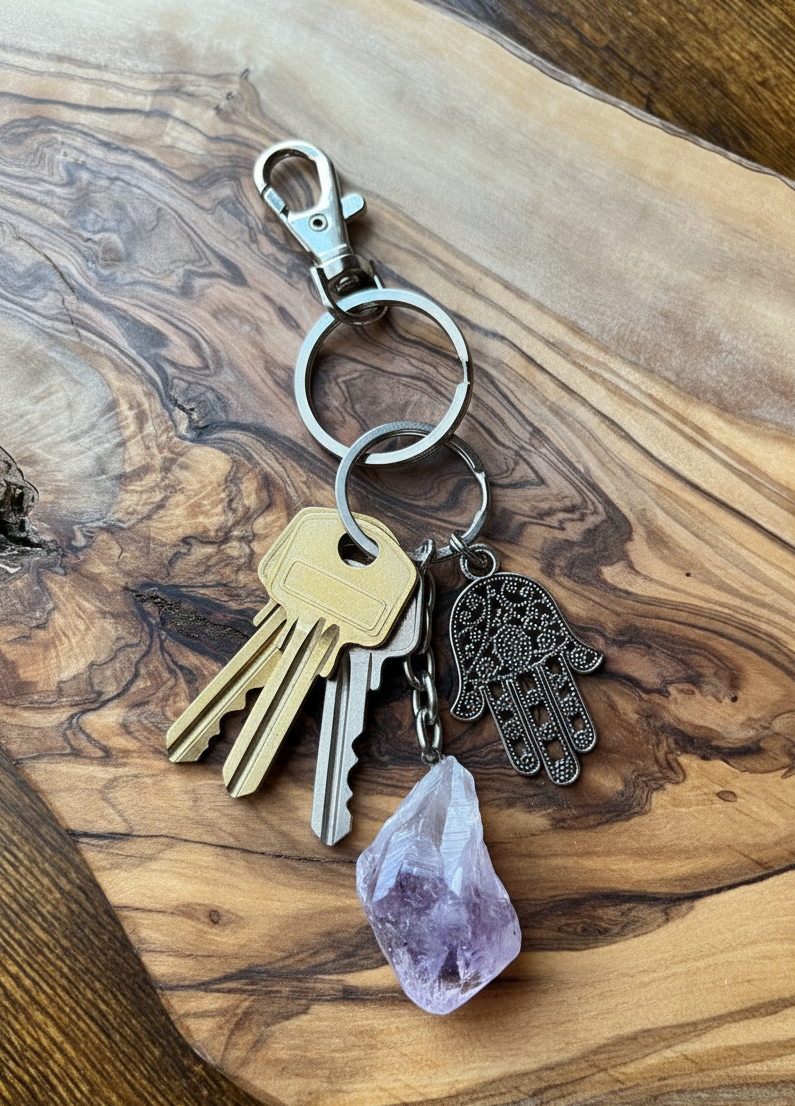 Raw Crystal Natural Amethyst Stone Specimen Stainless Steel Keychain {Hamsa Hand}