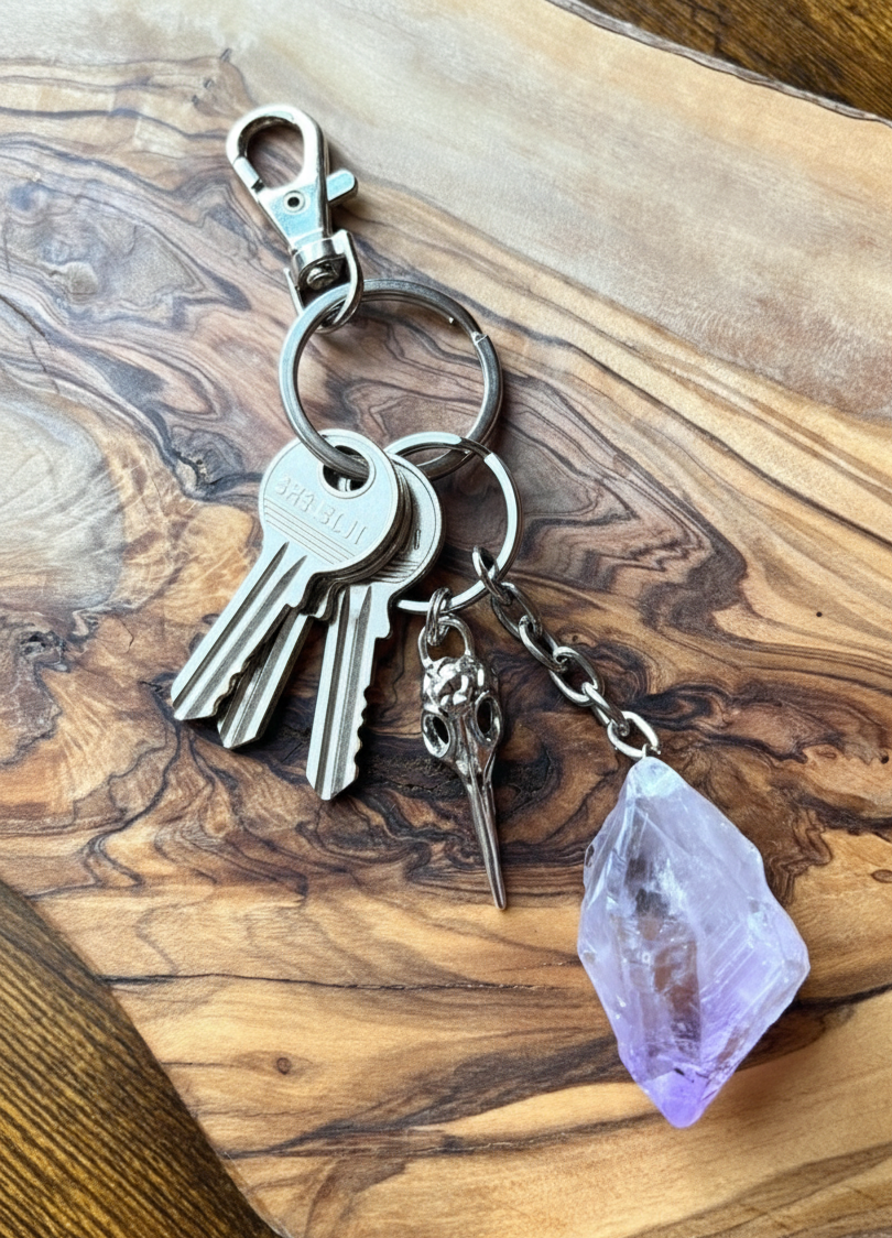 Raw Crystal Natural Amethyst Stone Specimen Stainless Steel Keychain {Raven Skull}