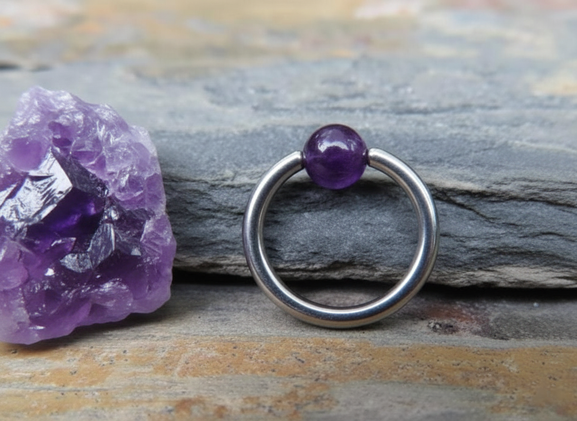 Amethyst Natural Stone ASTM F-136 Implant Grade Titanium CBR Ring