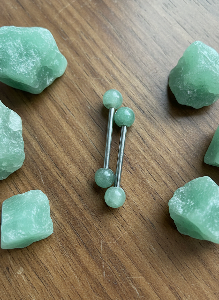 Green Aventurine Natural Stone ASTM F-136 Implant Grade Titanium Tongue Nipple Barbell