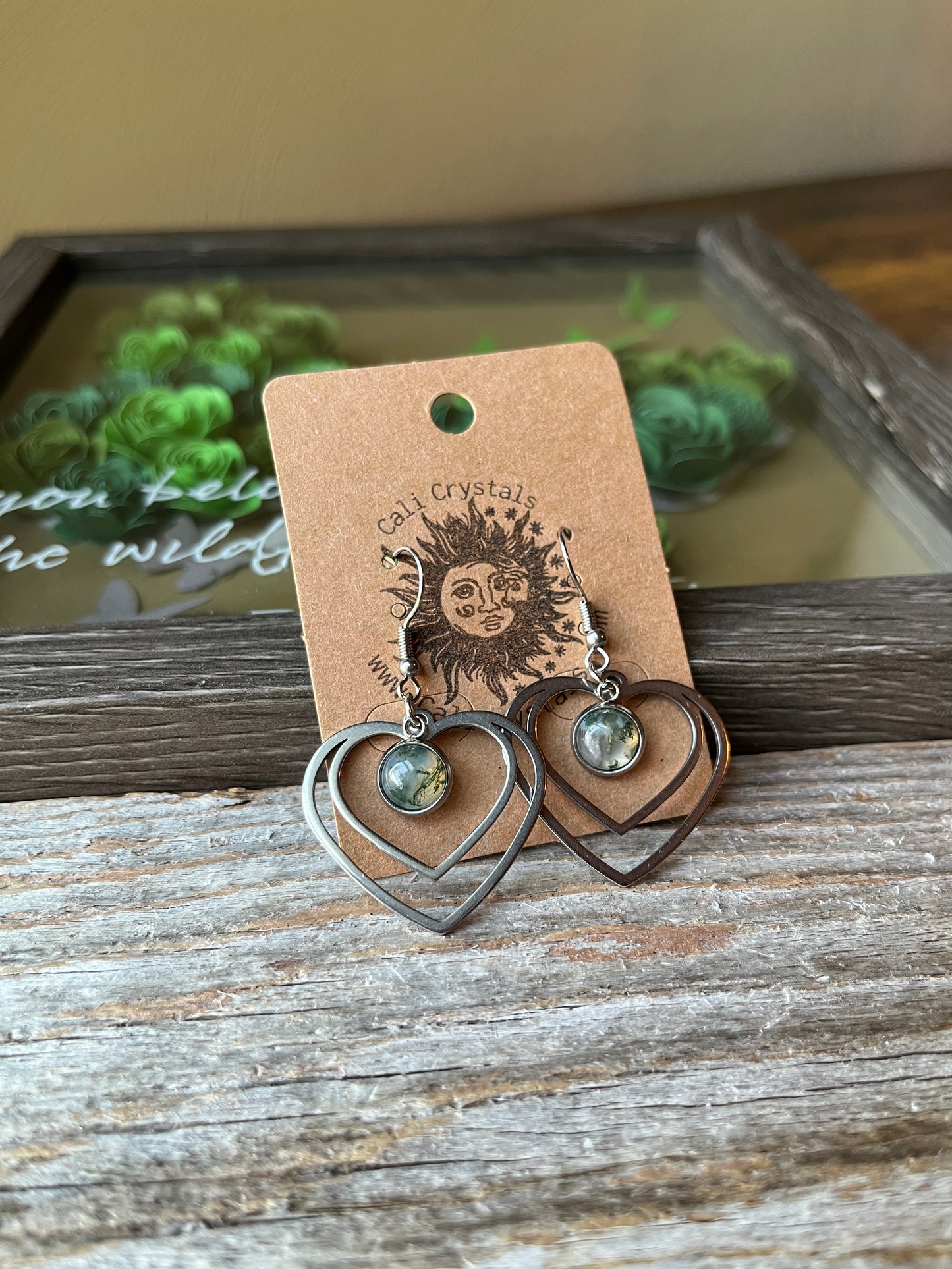 Moss Agate Natural Stone Y2K Style Heart Earrings