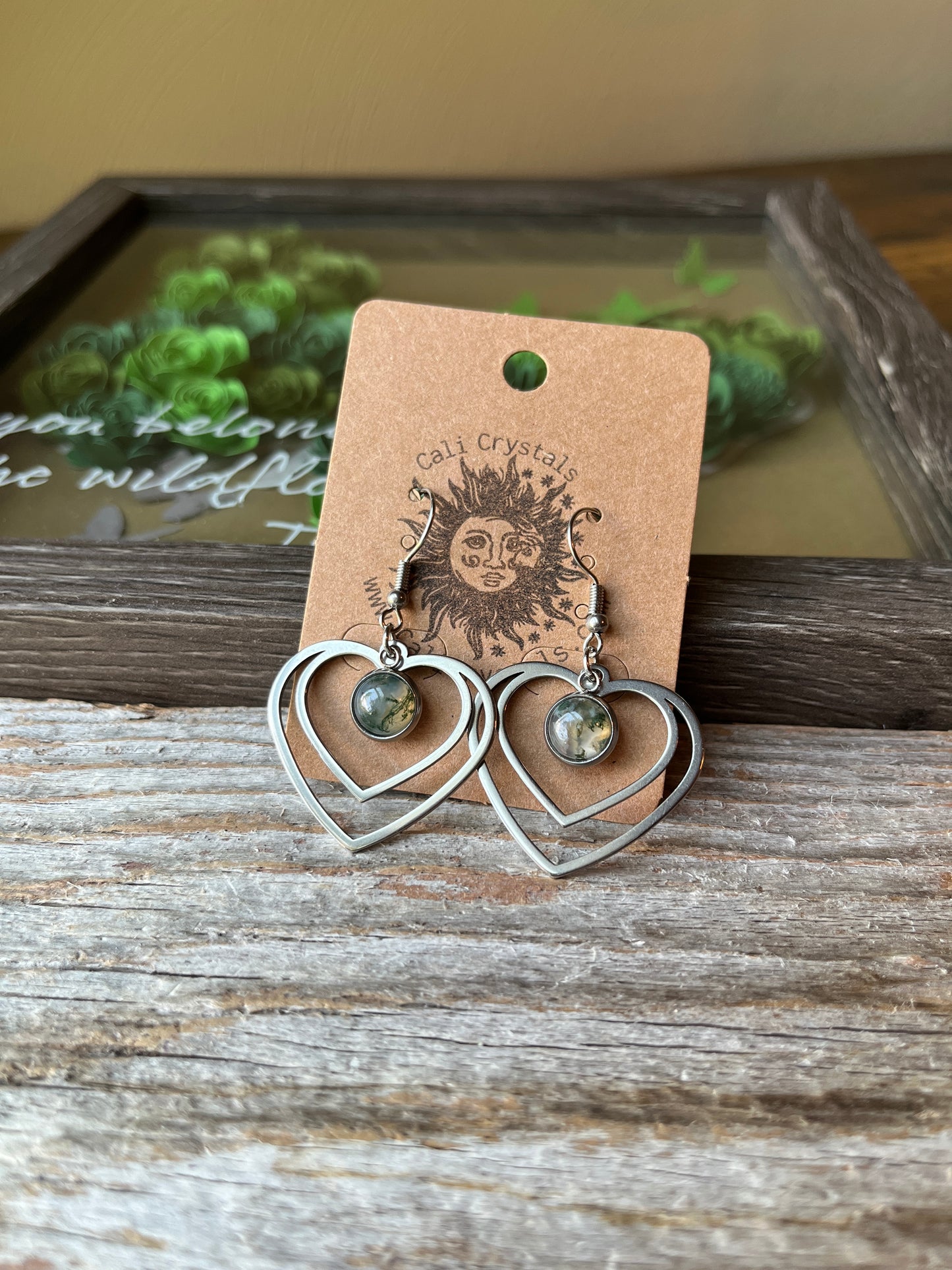 Moss Agate Natural Stone Y2K Style Heart Earrings