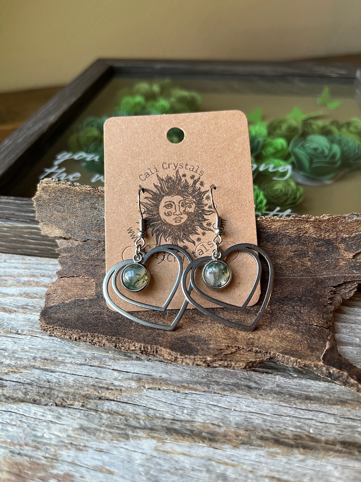 Moss Agate Natural Stone Y2K Style Heart Earrings