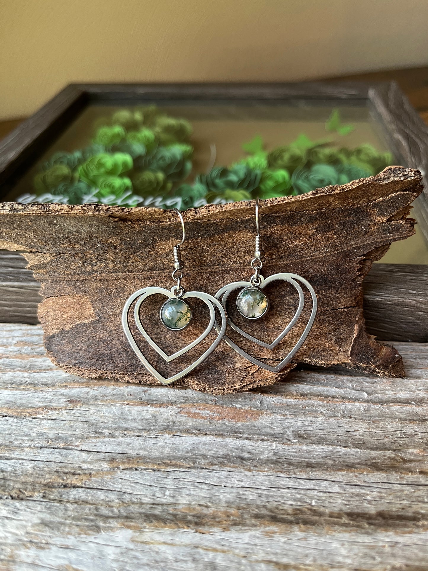 Moss Agate Natural Stone Y2K Style Heart Earrings