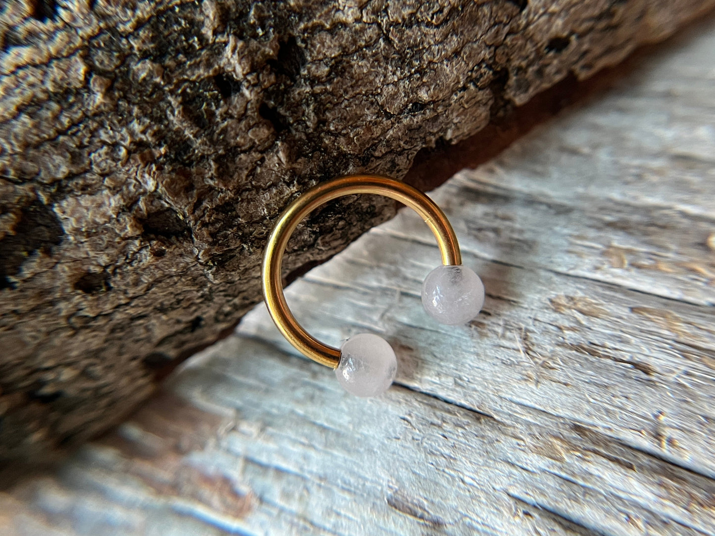 Rose Quartz Natural Stone Gold Titanium Ion Plated Horseshoe Ring