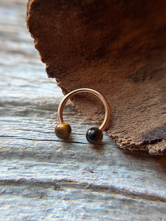 Yellow Tiger's Eye Natural Stone Rose Gold Titanium Ion Plated Horseshoe Ring