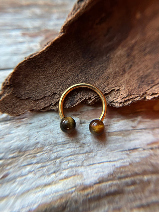 Yellow Tiger's Eye Natural Stone Gold Titanium Ion Plated Horseshoe Ring