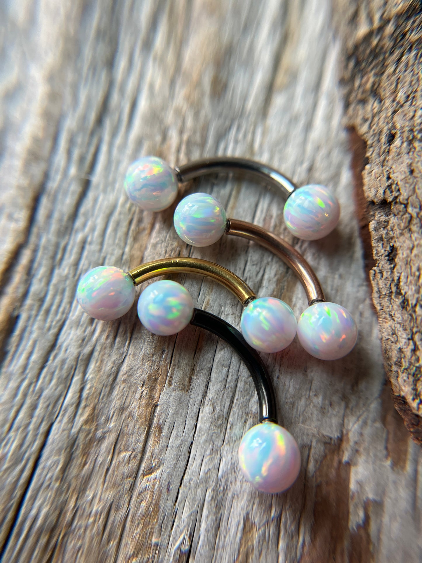 Aurora White Fire Opal Internally Threaded Gold, Rose Gold or Black 14G Belly VCH Barbell