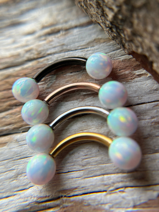 Aurora White Fire Opal Internally Threaded Gold, Rose Gold or Black 14G Belly VCH Barbell
