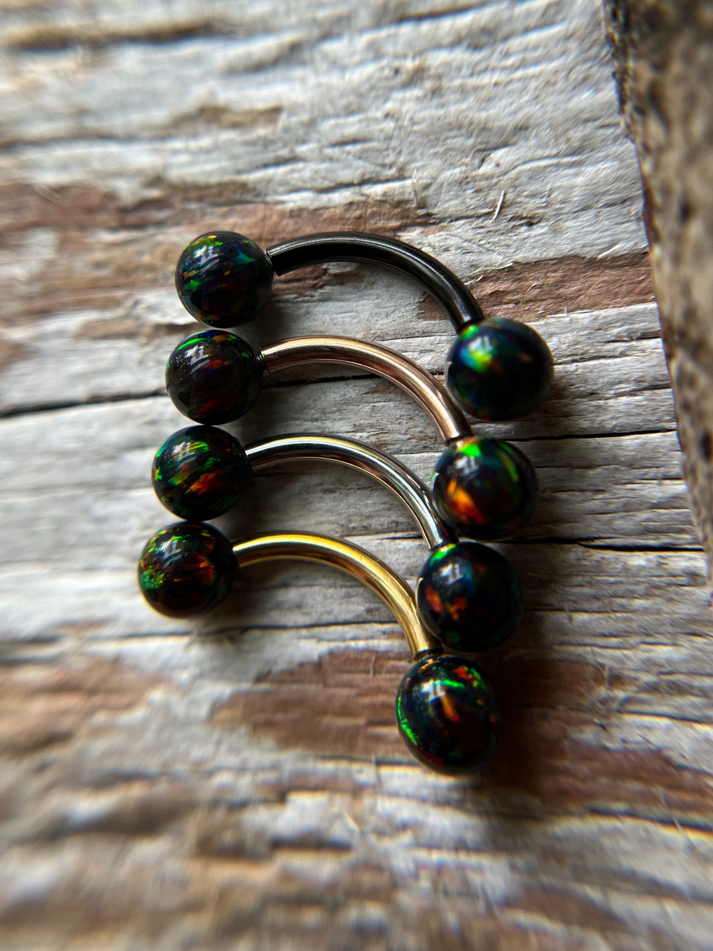 Aurora White Fire Opal Internally Threaded Gold, Rose Gold or Black 14G Belly VCH Barbell