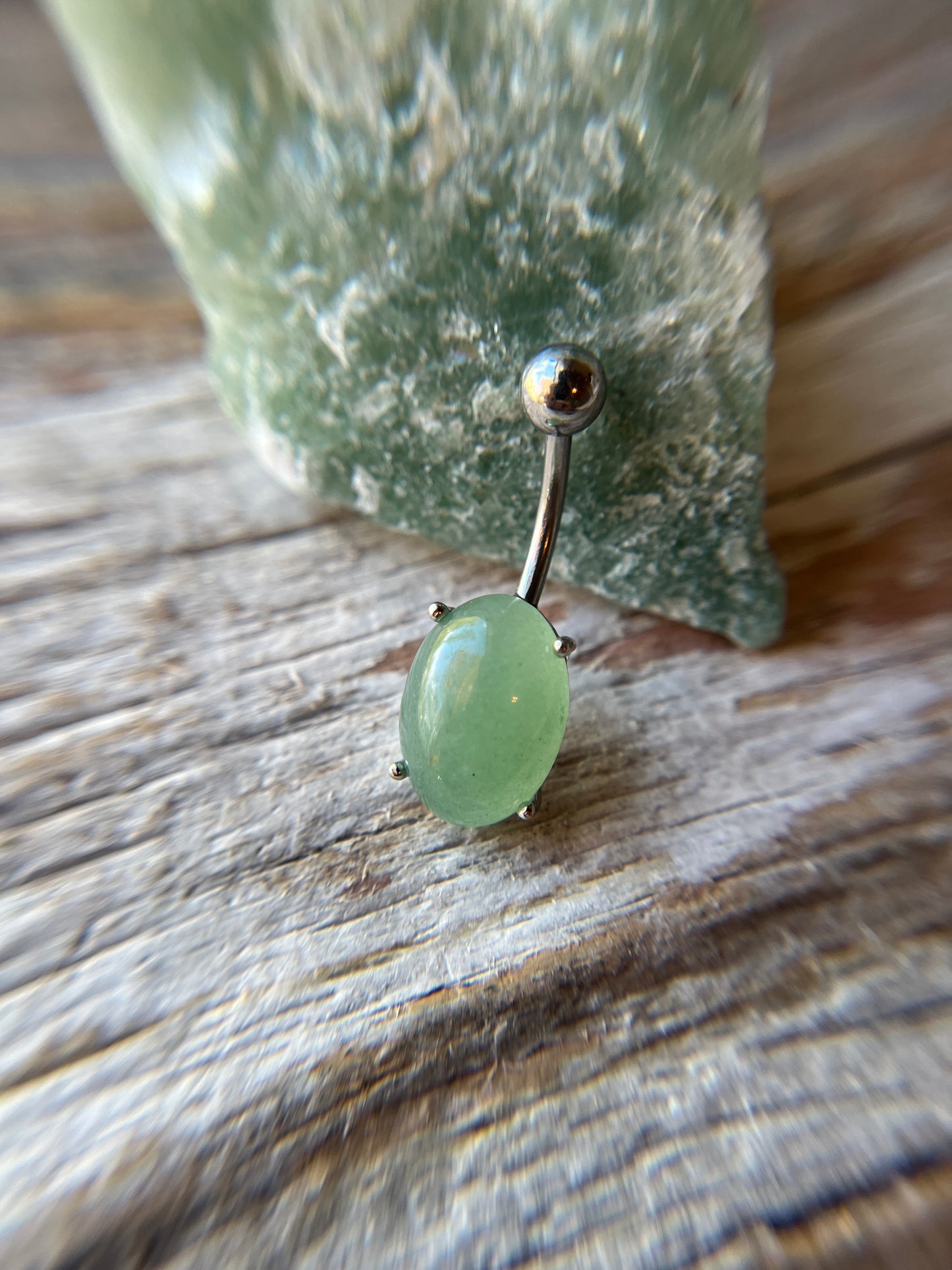 Green Aventurine Natural Stone Pronged Oval Belly Ring 316L Surgical Steel
